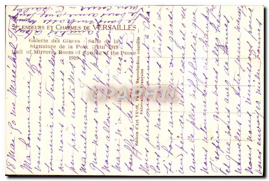 CPA Splendeurs Et Charmes De Versailles Galerie des glaces Salle de la signature de la paix 1919 — Verso