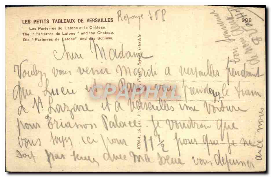 CPA Versailles Les parterres de Latone et le chateau — Verso