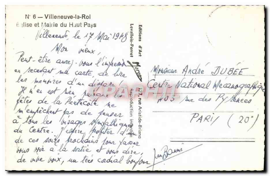 CPM Villeneuve la Roi Eglise et Mairie du Haut Pays  — Rückseite