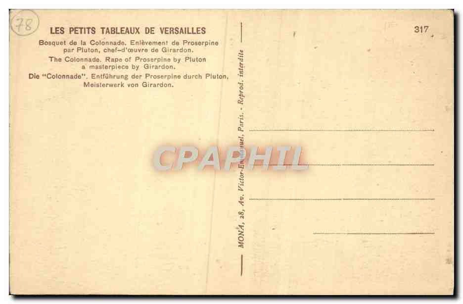 CPA Les Petits Tabileaux de Versailles Bosquet de la colonnade Enlevement de Proserpine — Verso