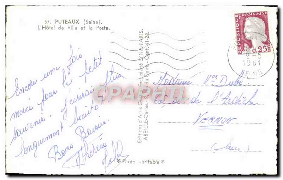 CPM Puteaux L'Hotel de Ville et la Poste  — Rückseite