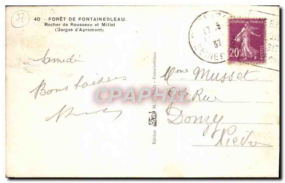 Rocher de Rousseau et Millet — Gorges d'Apremont — H. Thibault Edition - Fontainebleau — Back