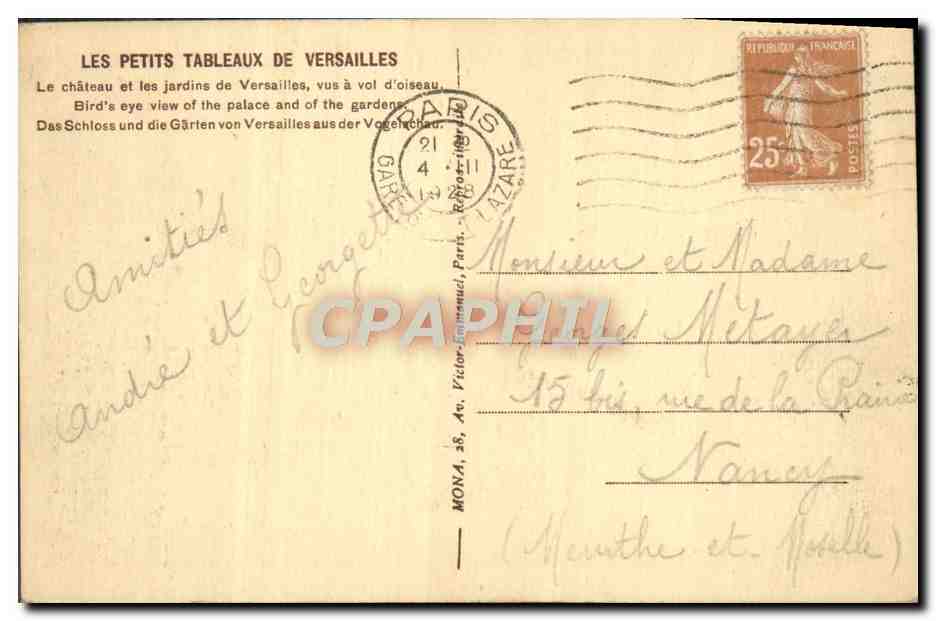 CPA Les Petits Tableaux De Versailles Le Chateau et les jardins — Verso