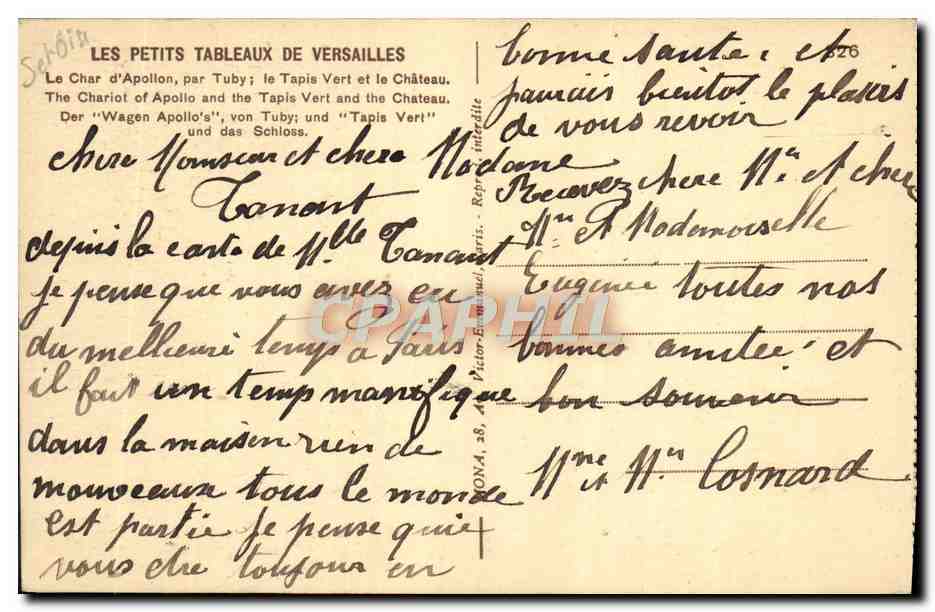 CPA Versailles Le char d'Apollon par Tuby Le tapis vert et le chateau — Verso
