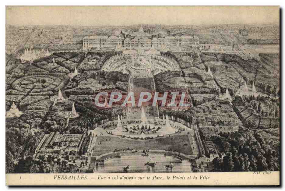Versailles — Vue à vol d'oiseau sur le Parc, le Palais et la Ville — X.D. Phot