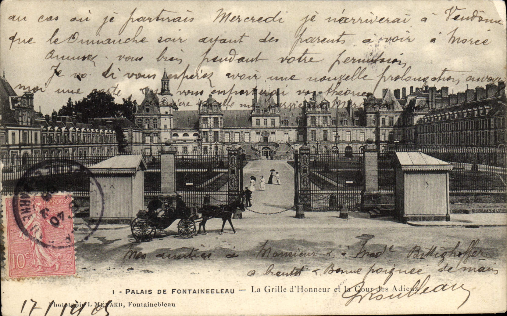 Palacio de Fontainebleau — La Reja de Honor y el Paseo de los Adioses — fotolitografía L. Meynard