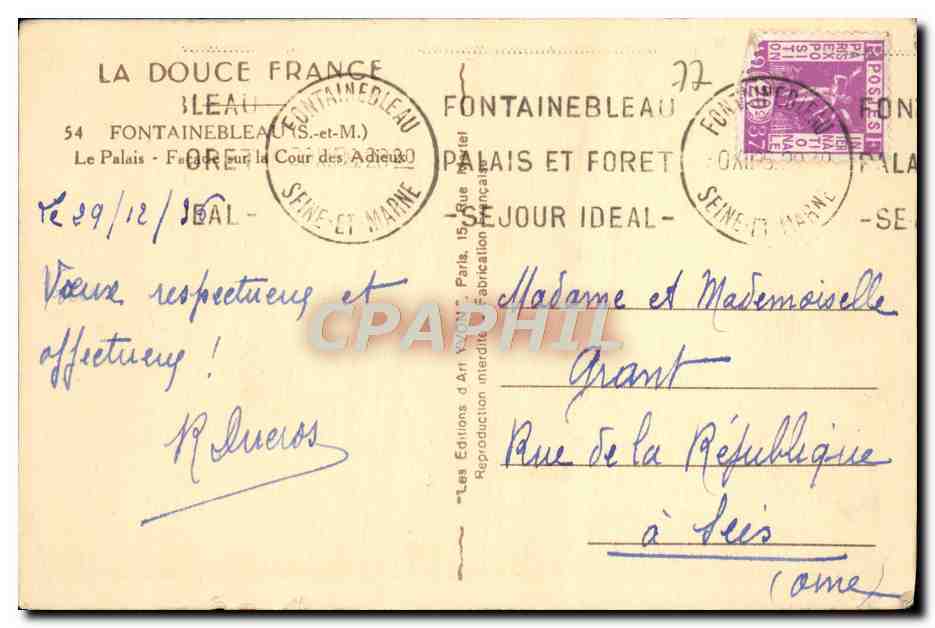 Tarjeta postal antigua La Douce France Fontainebleau Le Palais Facade sur la cour des Adieux — Reverso
