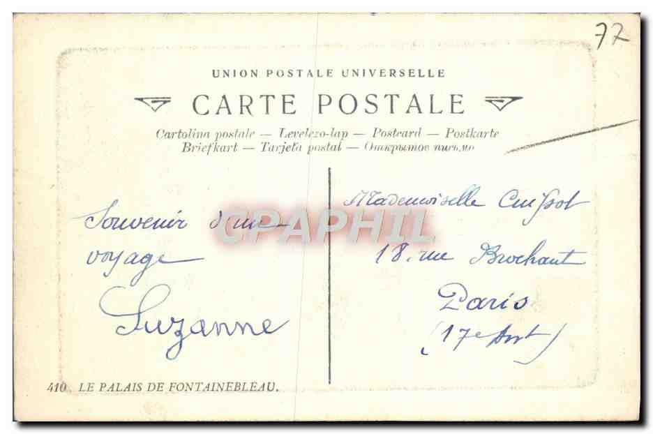 Das Schloss von Fontainebleau — Das Boot des Kaisers und das Schloss — Universal Postal Union, Nr. 410 — Rückseite