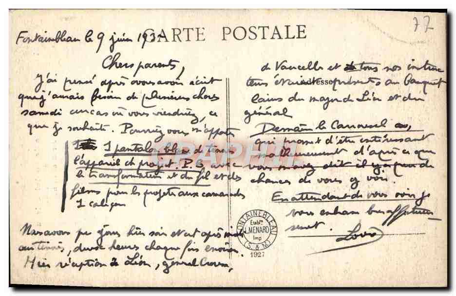 Schloss Fontainebleau — Pavillon der Uhr, Garten von Diane — Verlag L. Menard, Nr. 171 — Rückseite