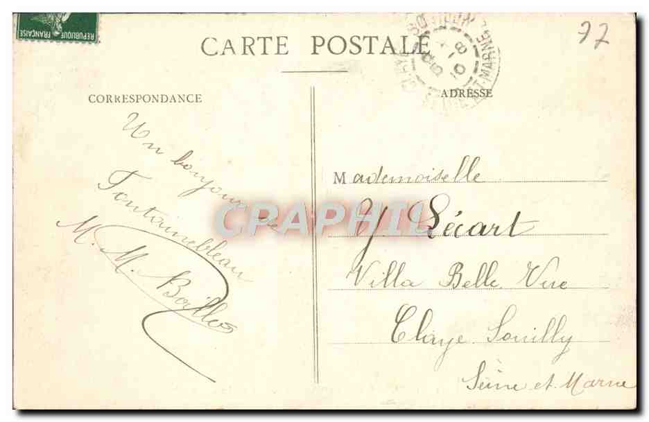 Bosque de Fontainebleau — La Roche qui tremble — Editor no identificado, n.º 92 — Reverso
