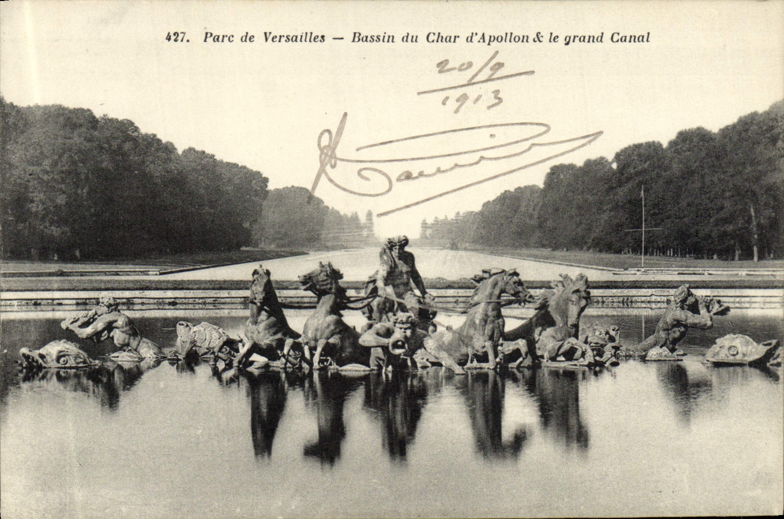Parc de Versailles — Bassin du Char d'Apollon & le grand Canal — Héliotypie A. Bourdier, n°427