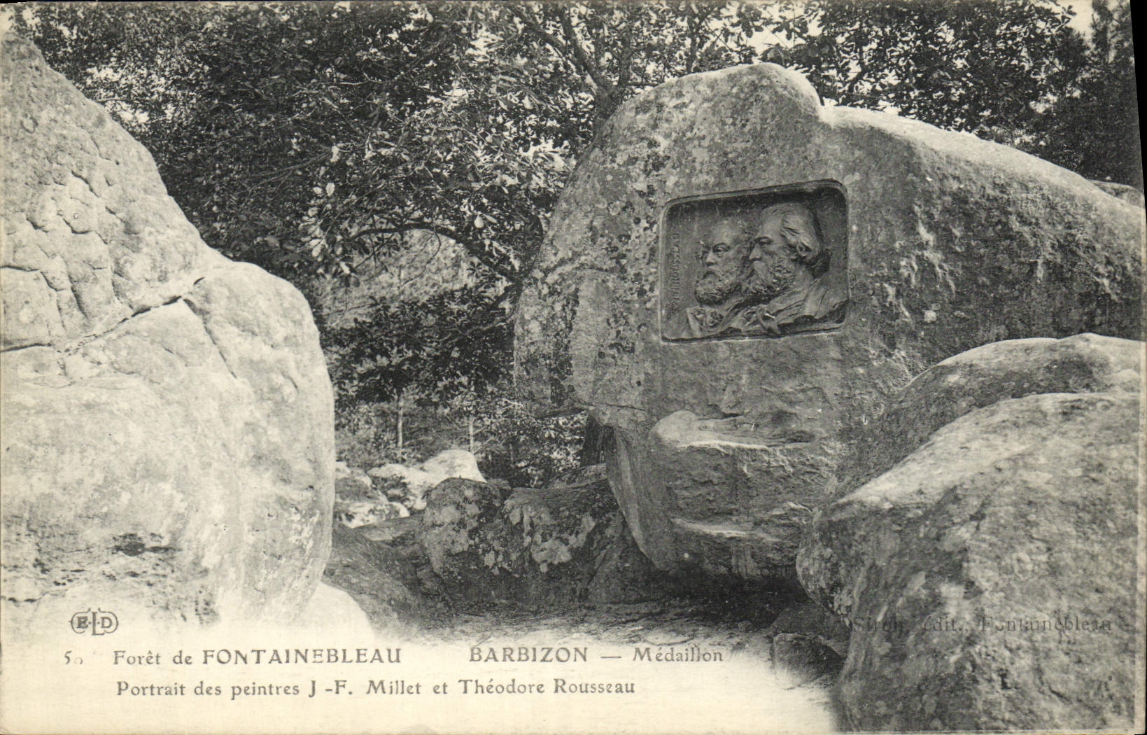 Foresta di Fontainebleau — Barbizon — Medaglione dei pittori J.-F. Millet e Théodore Rousseau — Ed. Fontainebleau