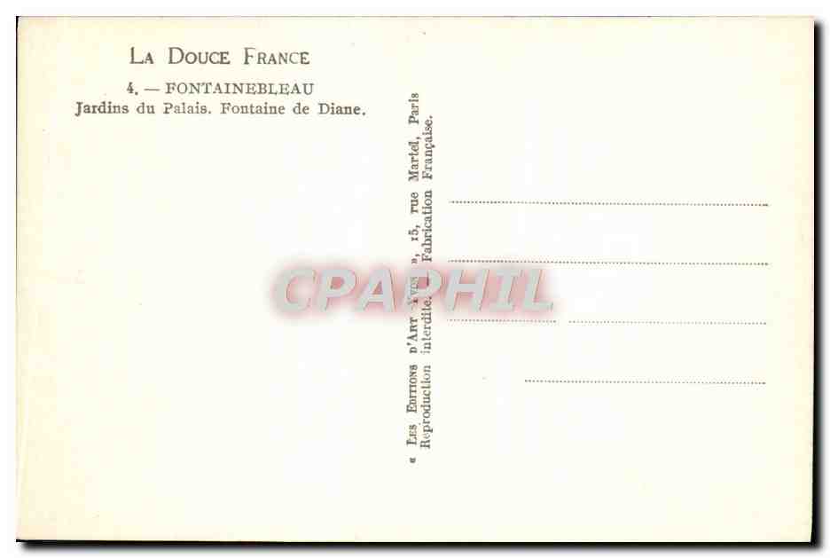 Fontainebleau — Jardins du Palais. Fontaine de Diane — La Douce France — Verso