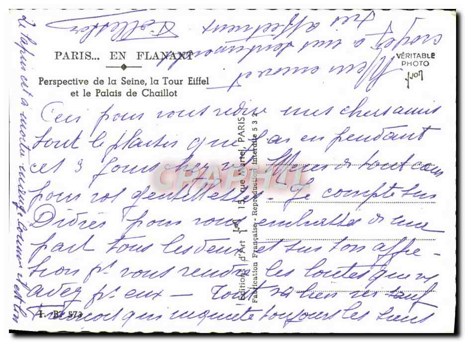 CPM Paris en Flanant Prespective de la Seine la Tour Eiffel et le Palais de Chaillot — Verso