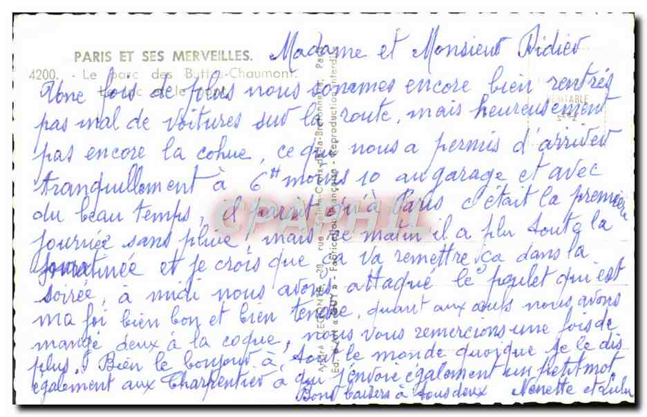 CPM Paris et ses Merveilles Le parc des Buttes Chaumont — Verso