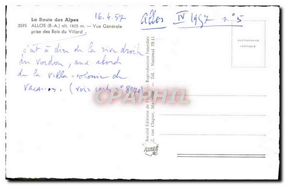 CPM Allos Vue Generale prise des Bois du Villard — Rückseite