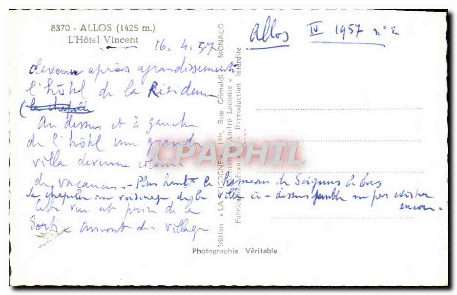 CPM Allos L'Hotel Vincent Moutons — Rückseite