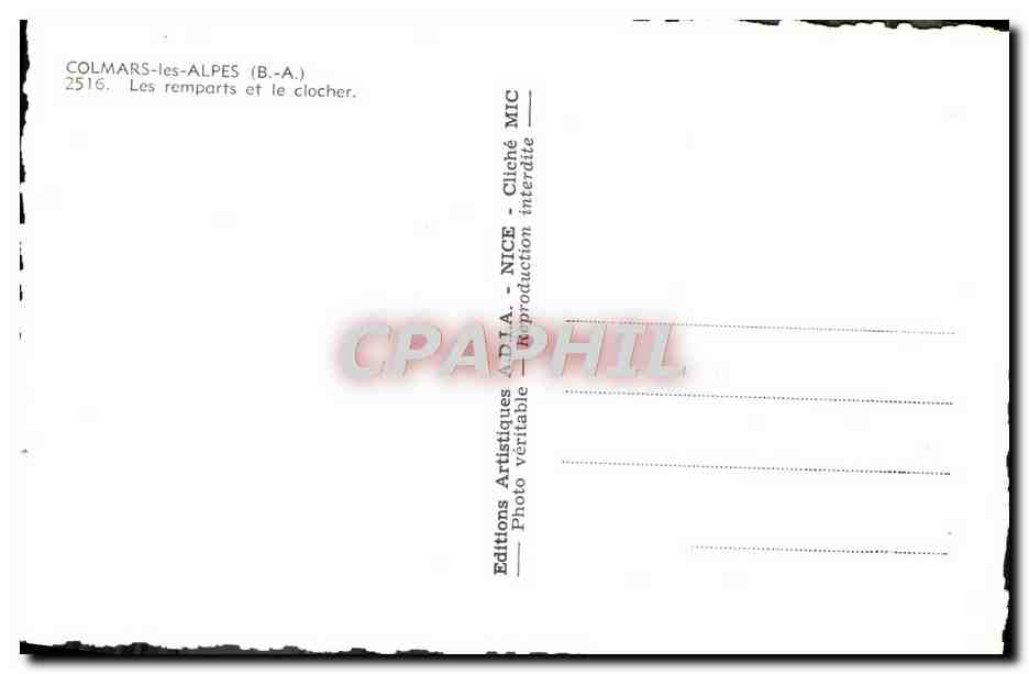 Colmars-les-Alpes — Les remparts et le clocher — Éditions Artistiques ADIA, NICE, n°2516 — Verso