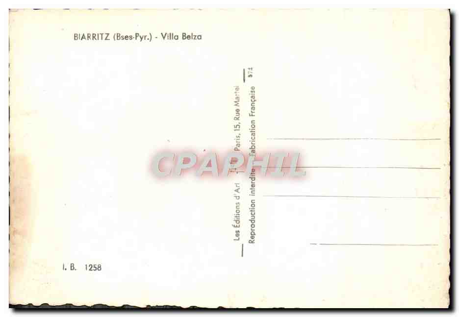 CPM Biarritz Villa Belza — Verso