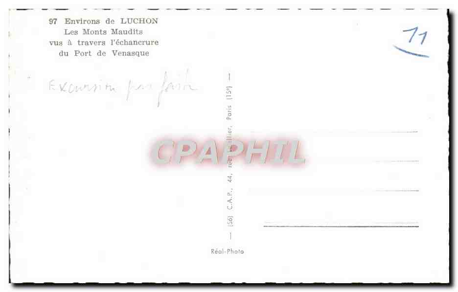 Environ de LUCHON — Les Monts Maudits vus à travers l'échancrure du Port de Venasque — C.A.R., 44, rue Bullier, Paris — Reverso