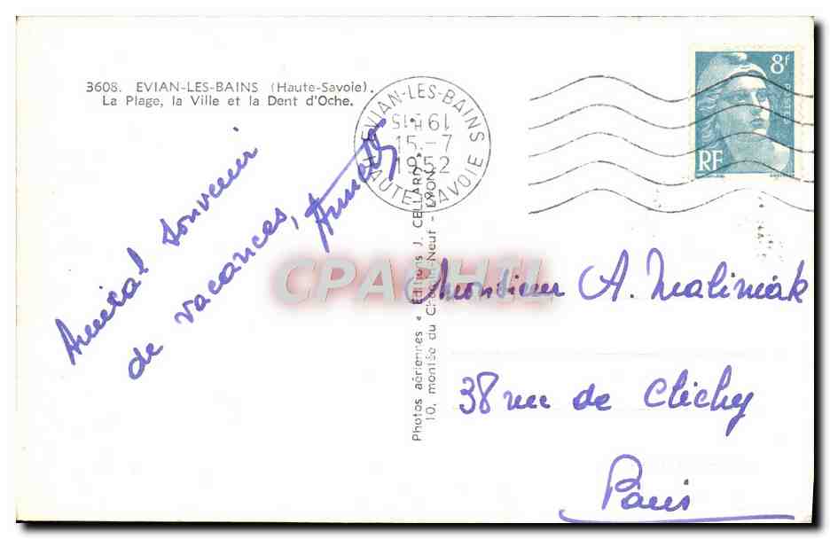 CPM Evian les Bains La Plage la Ville et Dent d'Oche  — Verso