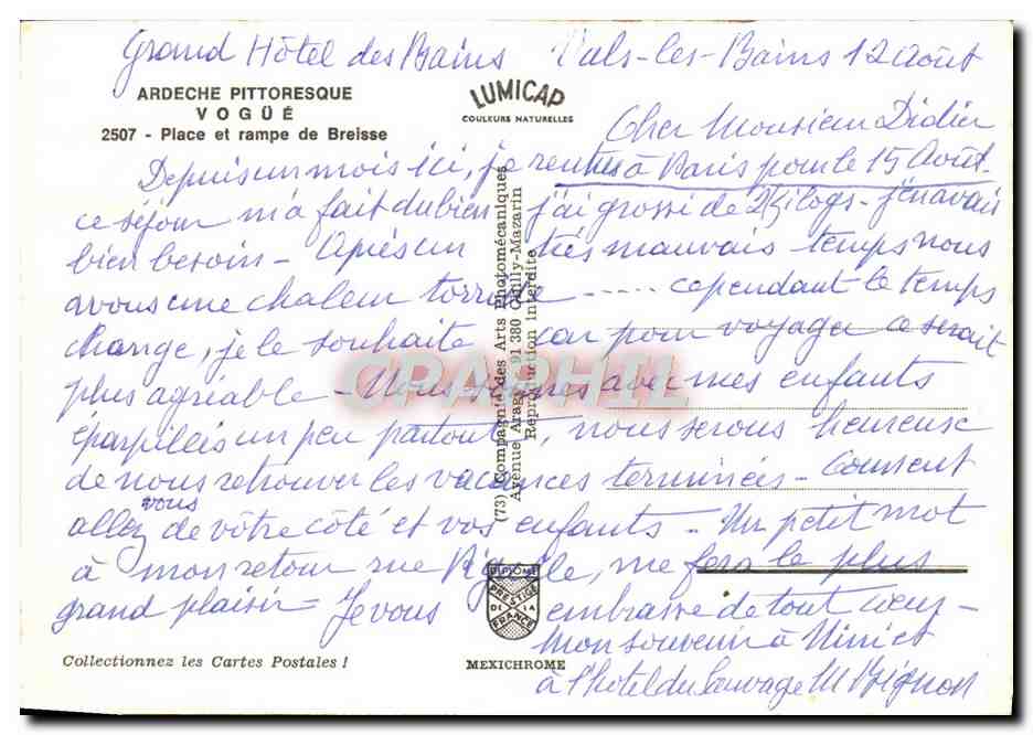 Vue du château de Vals-les-Bains — Ardeche — éditeur LUMICAP, n° 2507 — Back