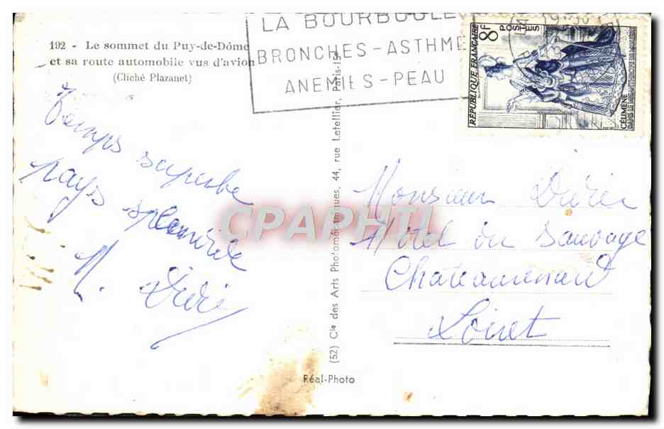 Le sommet du Puy-de-Dôme — vue aérienne avec route automobile — Cliché Plazanel — éditeur Cap — Verso