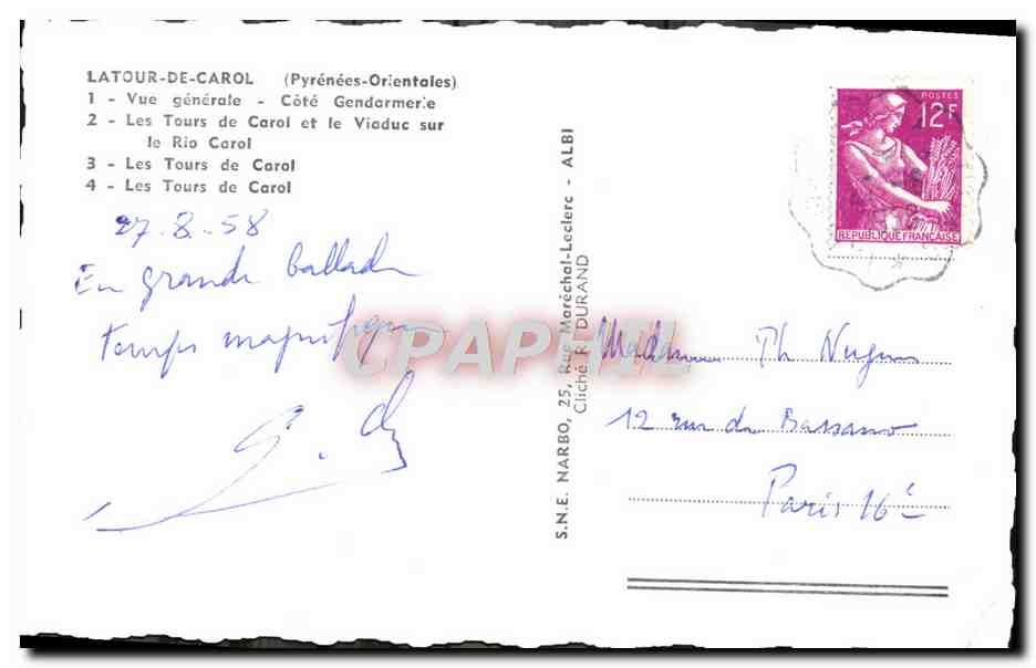 CPA Souvenir De La Tour De Carol Cote Gendarmerie Les tours de Carol Viaduc  — Rückseite