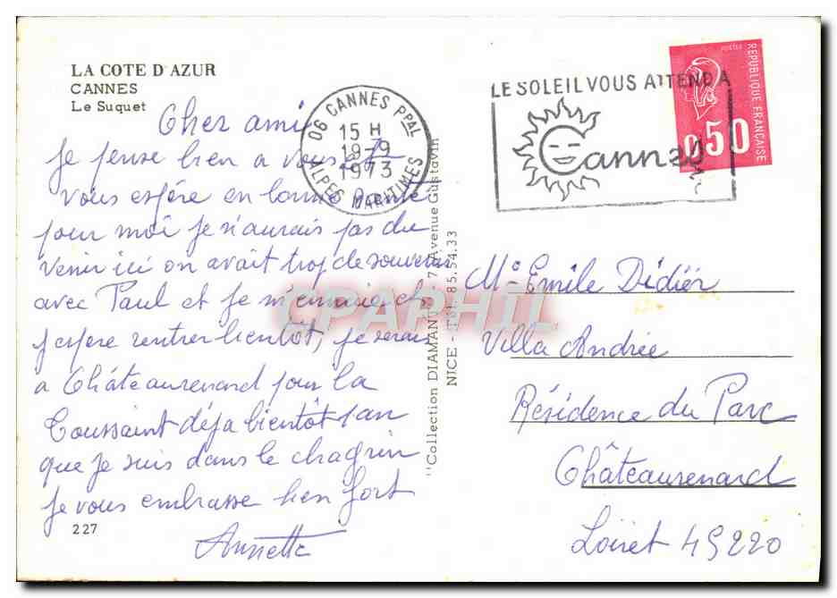 CPM La Cote d'Azur Cannes Le Suquet — Verso