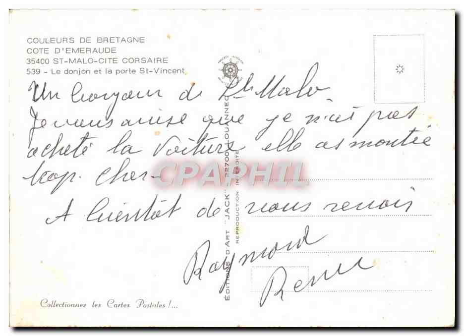 St-Malo - Le donjon et la porte St-Vincent — Éditions d'Art 'Jack' n°539 — Verso