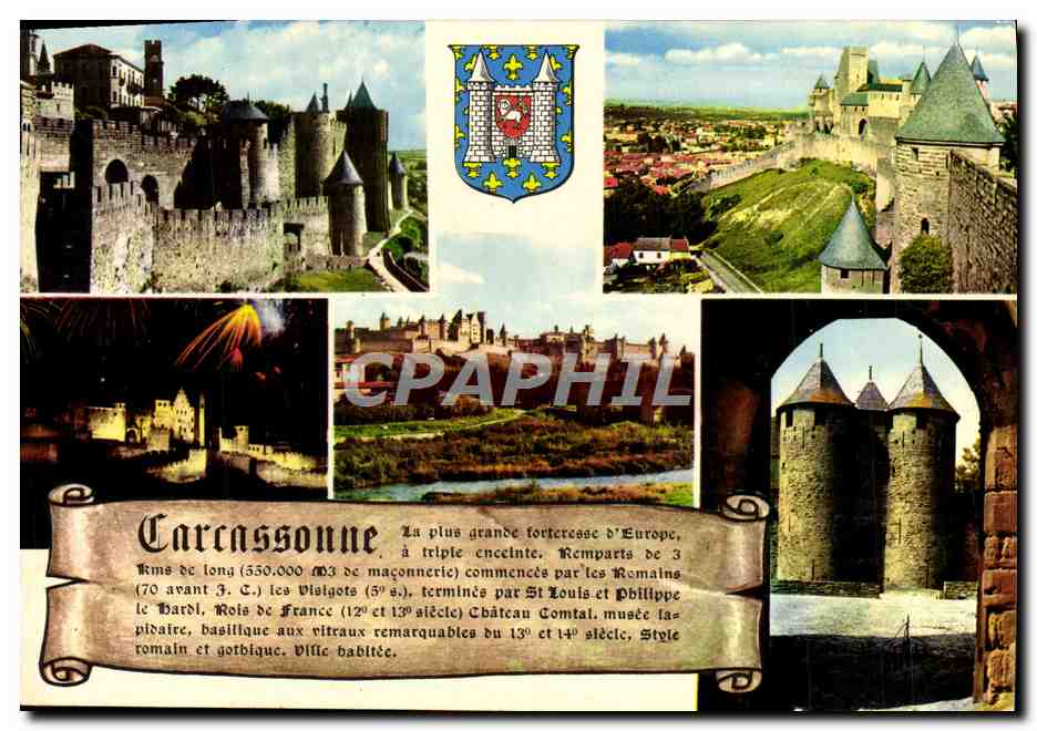 CPM Carcassonne La porte d'Aude Le chateau comta et tour Sarrazine La cite feu d'artifice