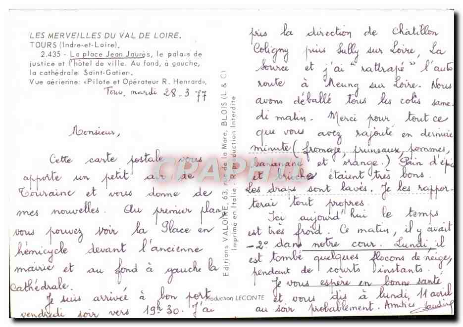 CPM Les Merveilles Du Val De Loire Tours La Place Jean Jaures Palais de justice Hotel de ville Cathedrale Saint Gatien  — Rückseite
