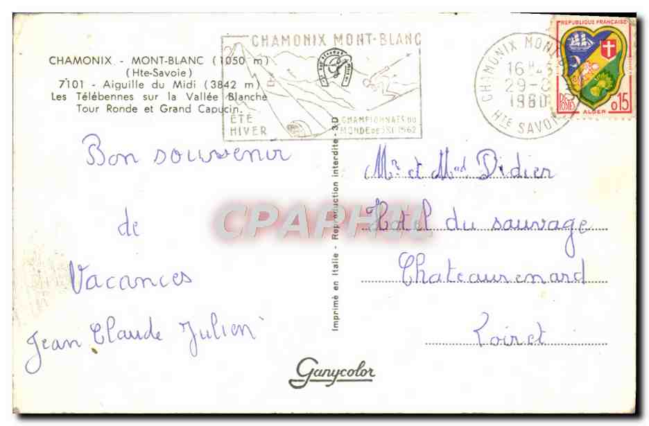 CPM Chamonix Mont Blanc Aiguille Du Midi Les telebennes sur la vallee Blanche Tour Ronde et le Grand Capucin  — Verso