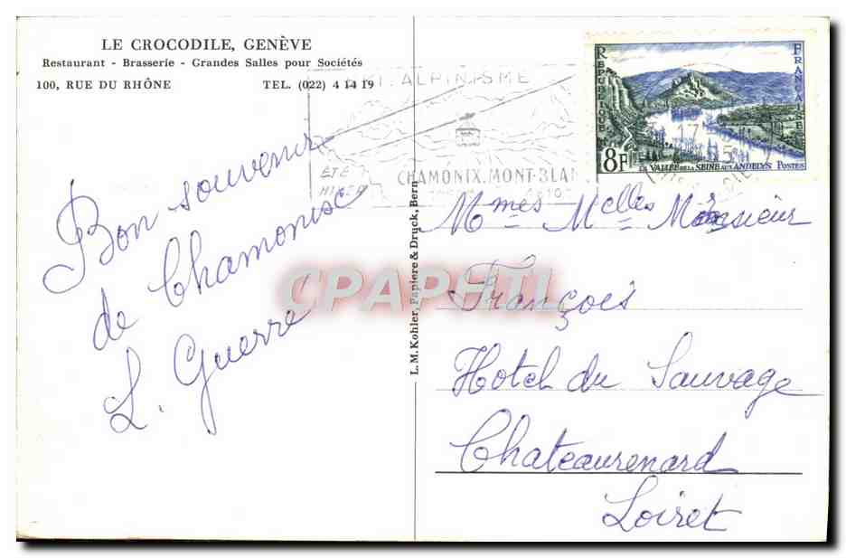 CPM Le Crocodile Geneve Restaurant Brasserie Rue du Rhone — Verso