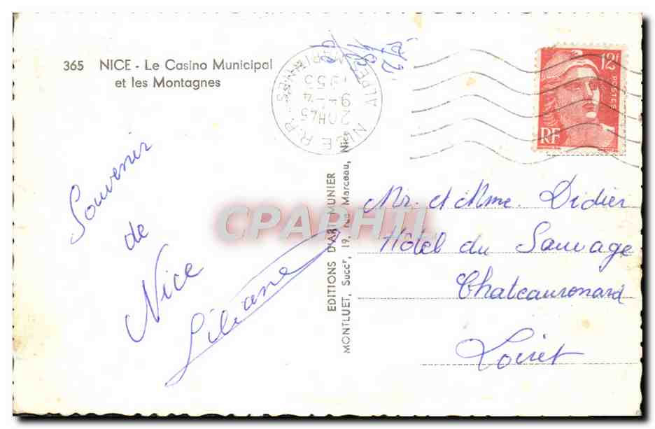 CPM Nice Le Casino Municipal Et Les Montagnes — Verso