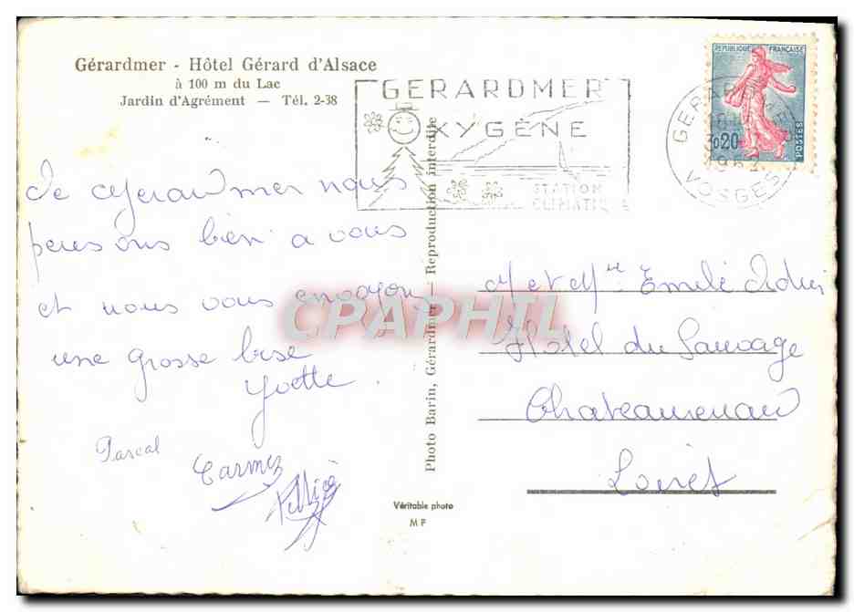 CPM Gerardmer Hotel Gerard d'Alsace Lac Jardin d'Agrement — Rückseite