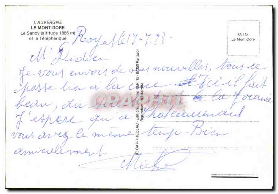 CPM L'Auvergne Le Mont Dore Le Sancy Et Le telepherique — Verso