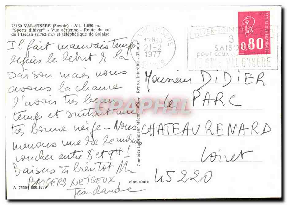 CPM Val D'Isere Sports d'Hiver Vue Aerienne Route Du Col de l'Iseran et telepherique de Solaise — Rückseite