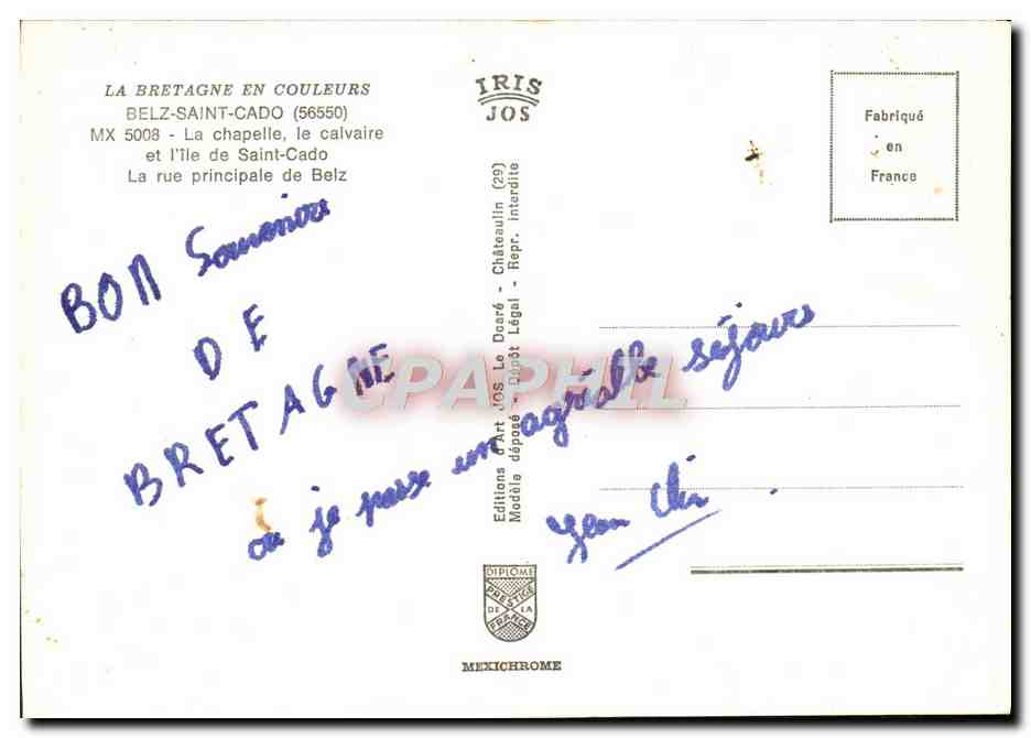 Belz-Saint-Cado — vue de la chapelle, du calvaire et de la rue principale — Éditions Iris Jos — Verso