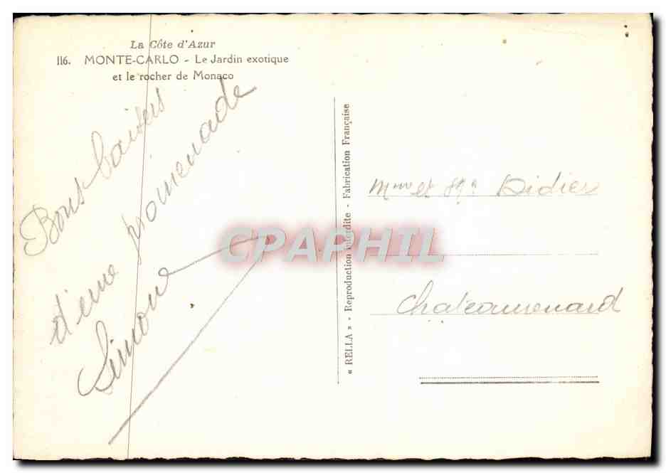 Monte-Carlo — Le Jardin exotique et le rocher de Monaco — RELLA — Verso