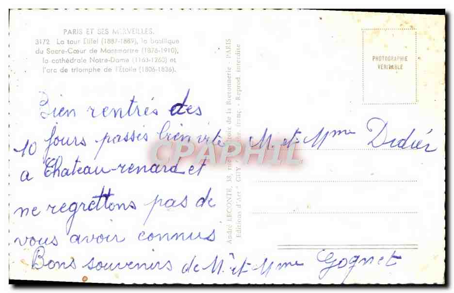 CPM Paris Et Ses Merveilles La Tour Eiffel Sacre Coeur Notre Dame Arc de Triomphe — Rückseite