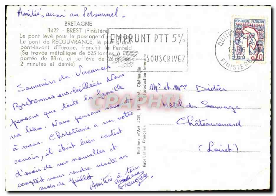 CPM Bretagne Brest Le Pont Leve Pour Le Passage Bateau — Rückseite