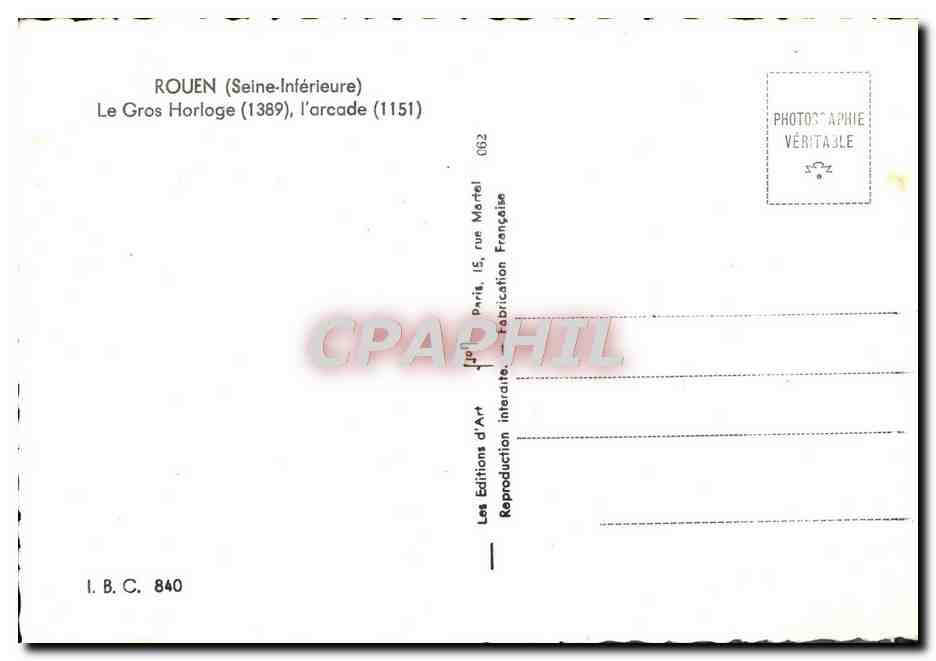 CPM Rouen La grosse Horloge L'Arcade — Verso