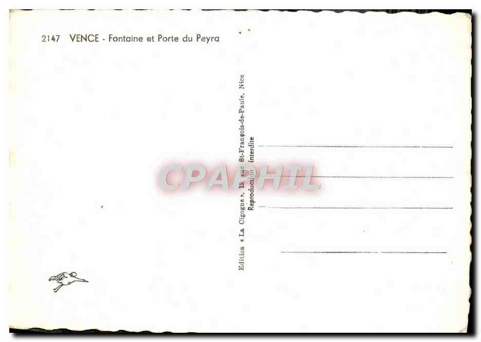 Vence - Fontaine et Porte du Peyra — Édition La Cigogne, Nice — Verso