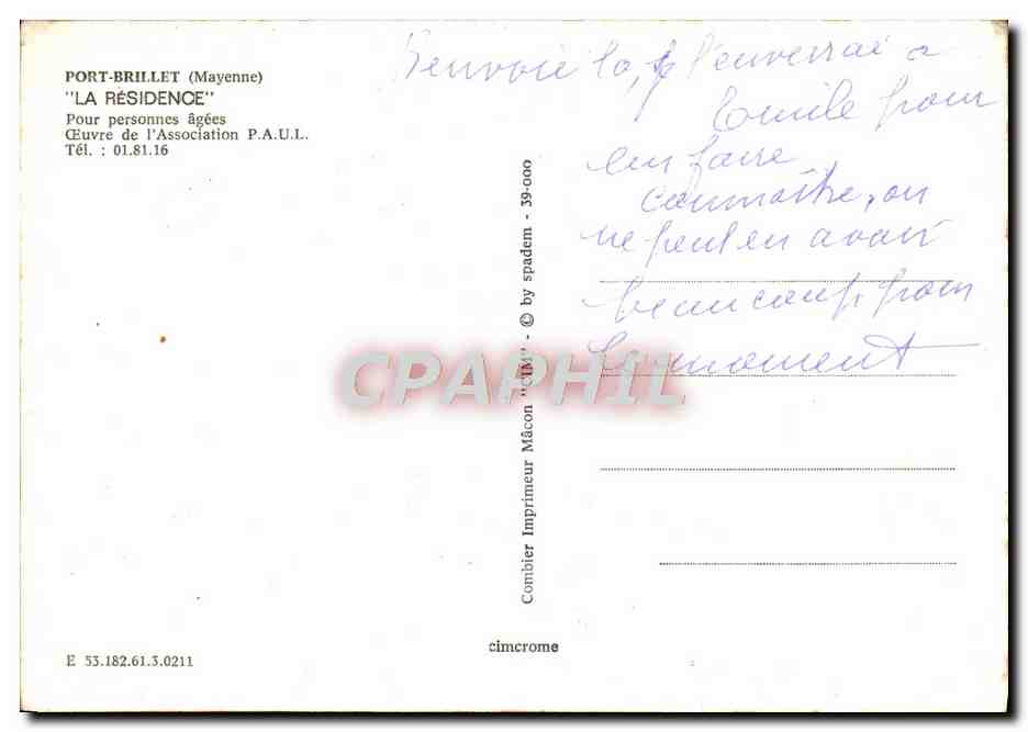 Port-Brillet (Mayenne) — 'La Résidence' for the elderly — Printer Combier, n° E 53.182.61.3.0211 — Back