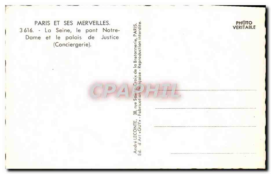 CPM Paris Et Ses Merveilles La Seine Le Pont Notre Dame Et Le Palais De Justice — Rückseite