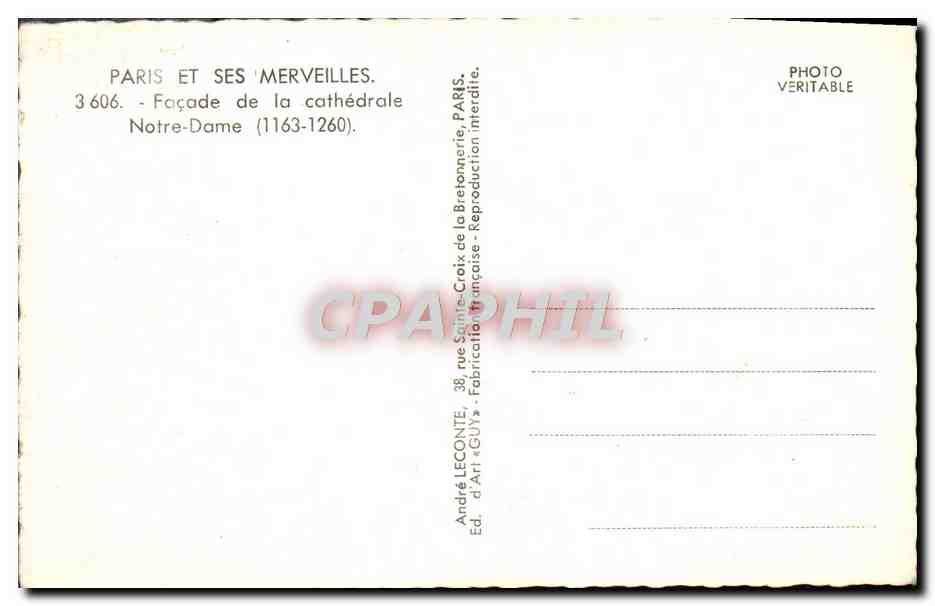 CPM Paris Et Ses Merveilles Facade De La Cathedrale Notre Dame — Verso