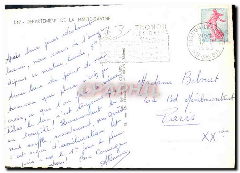 Haute-Savoie — Carte postale touristique avec carte et photos — Éditeur Cellaud, n° J.17 — Rückseite
