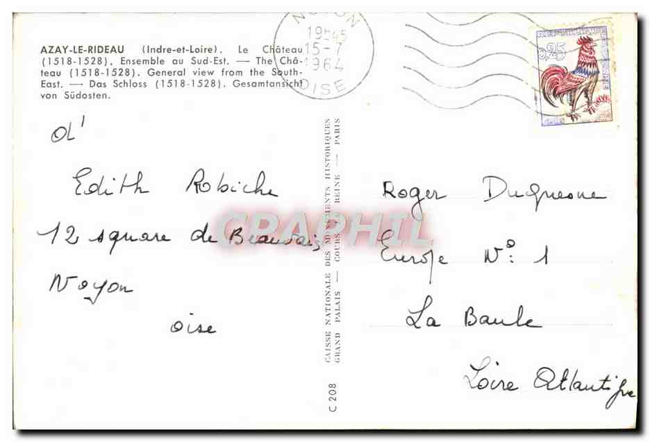 CPM Azay Le Rideau Le Chateau  — Rückseite