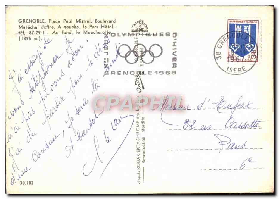 CPM Grenoble Place Paul Mistral Boulevard Marechal Joffre Park Hotel Moucherotte — Verso